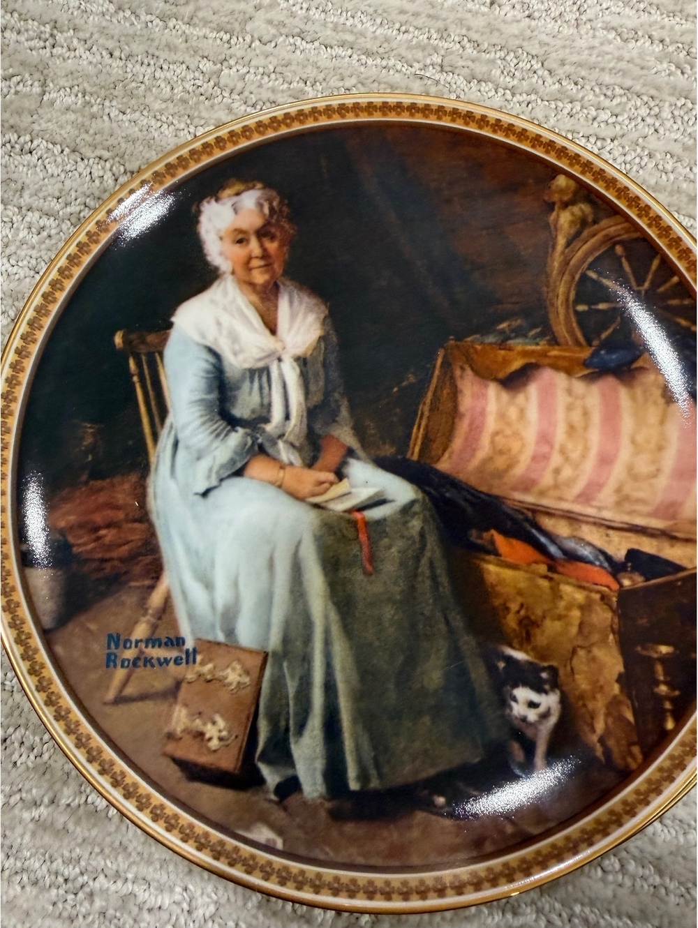 Norman Rockwell Knowles collector plate woman seated with cat scene